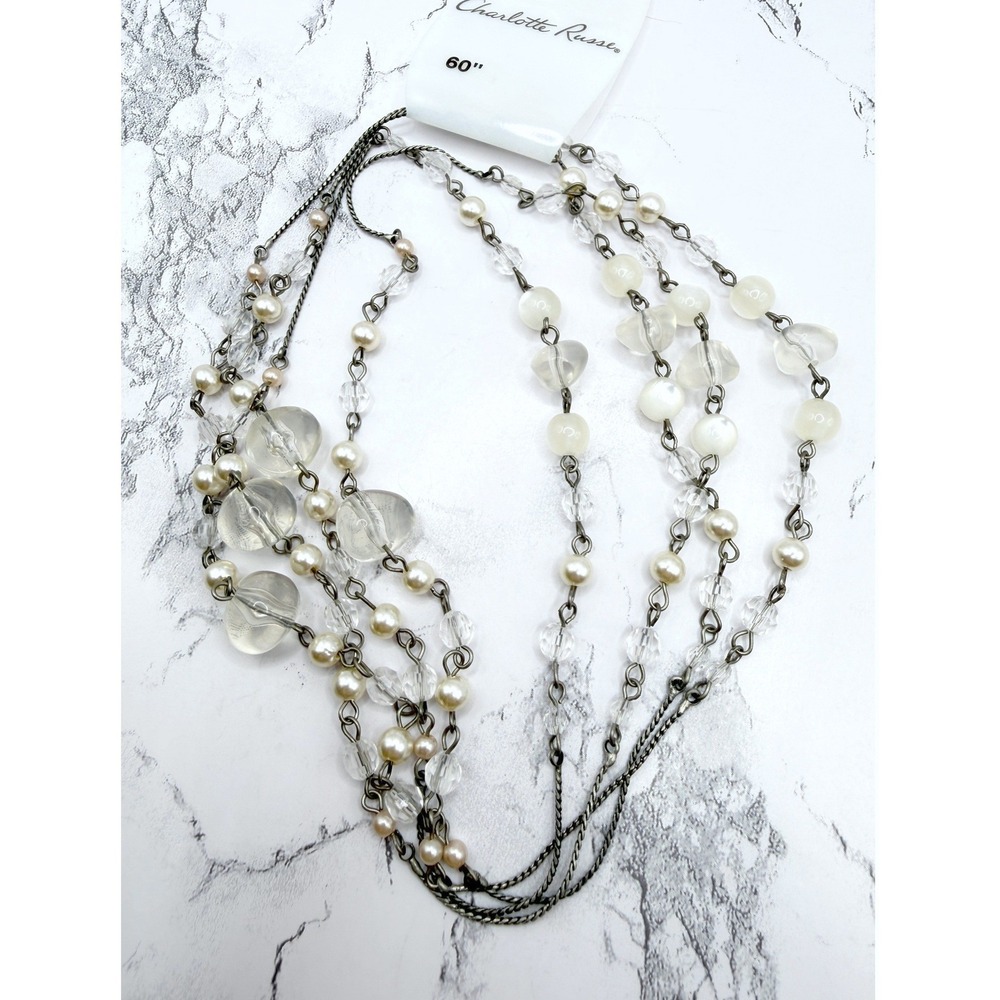 New Charlotte Russe 60" Pearl Crystal Gold Chain Necklace Long Layering